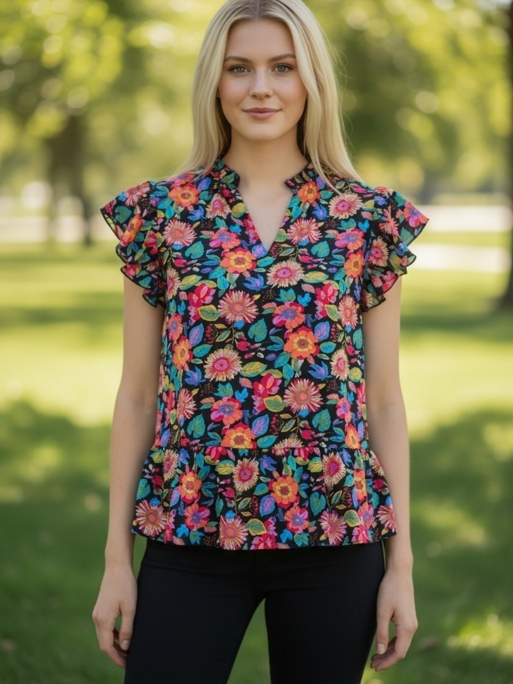 Floral Flutter-Sleeve V-Neck Top - Black Multi